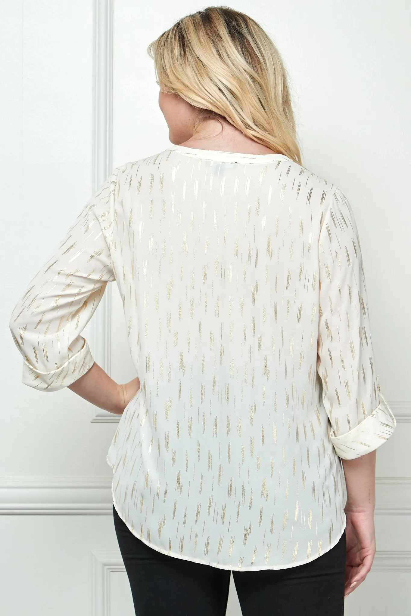 3/4 Length Button Tab Sleeve Mandarin Collar Button Front Top - Plus