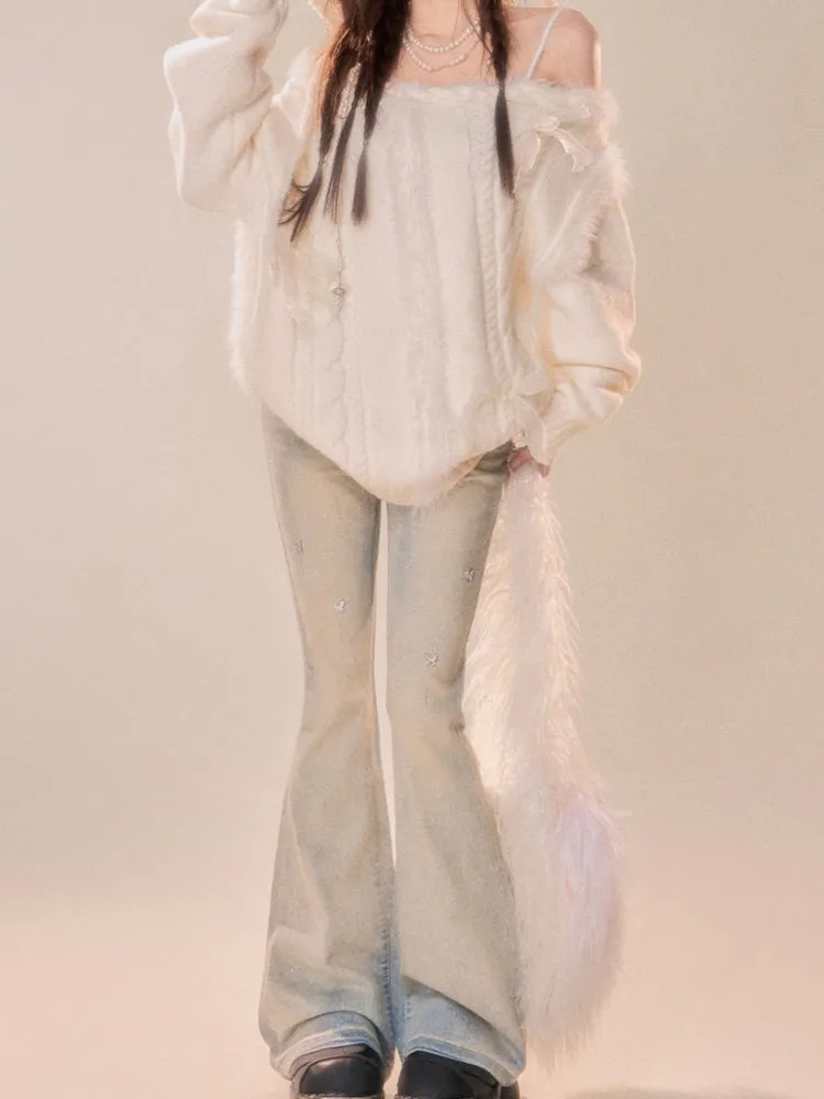 American-Style Slim Fit Light-Wash Flared Jeans with Butterfly Decorations