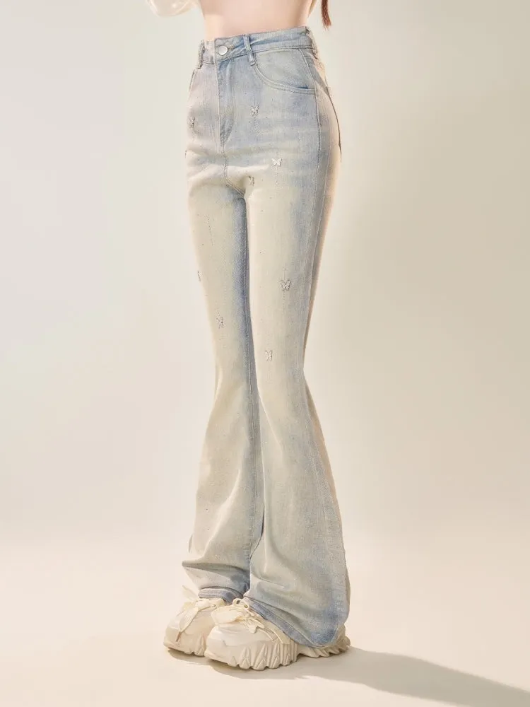 American-Style Slim Fit Light-Wash Flared Jeans with Butterfly Decorations