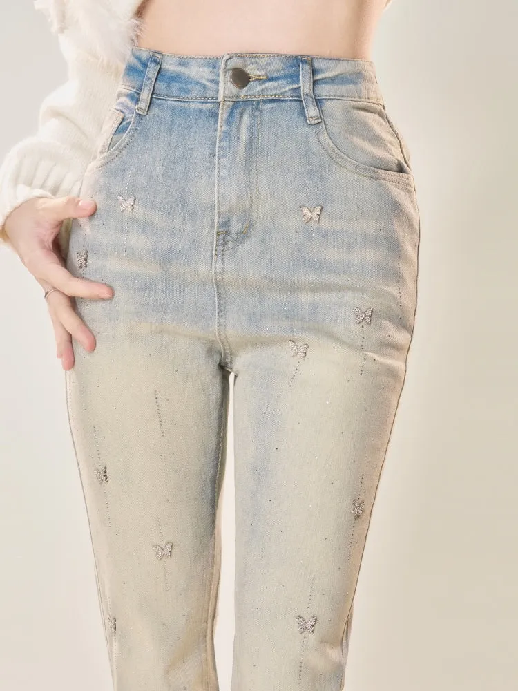 American-Style Slim Fit Light-Wash Flared Jeans with Butterfly Decorations