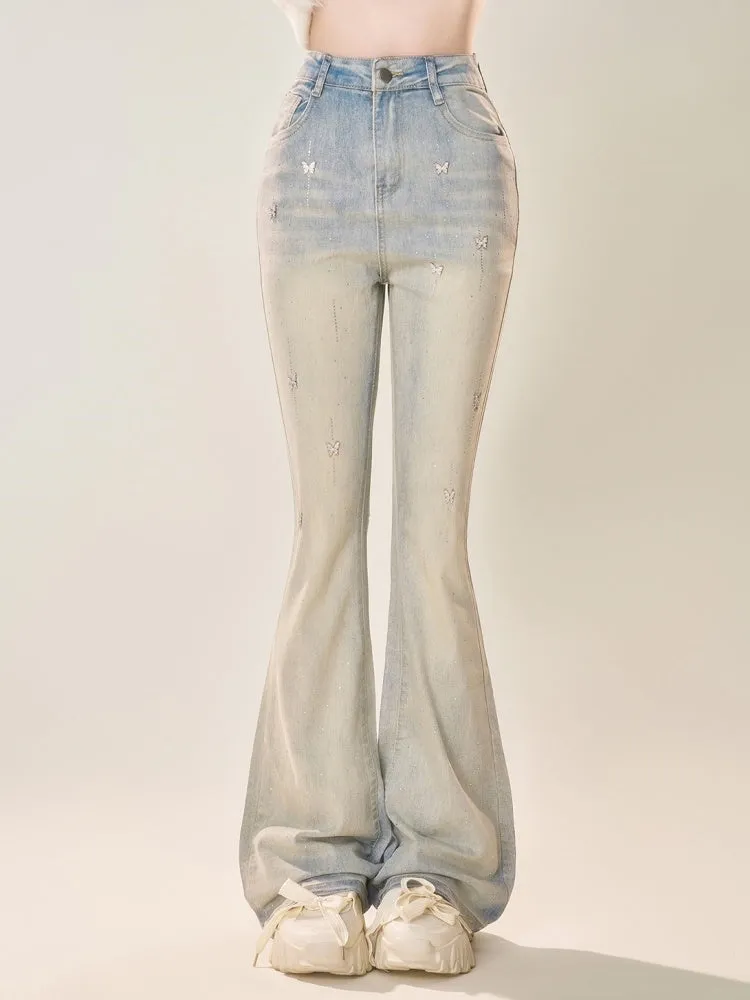 American-Style Slim Fit Light-Wash Flared Jeans with Butterfly Decorations