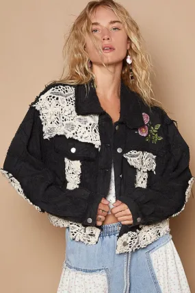 Black Crochet Patch Embroidered Button-Up Jacket