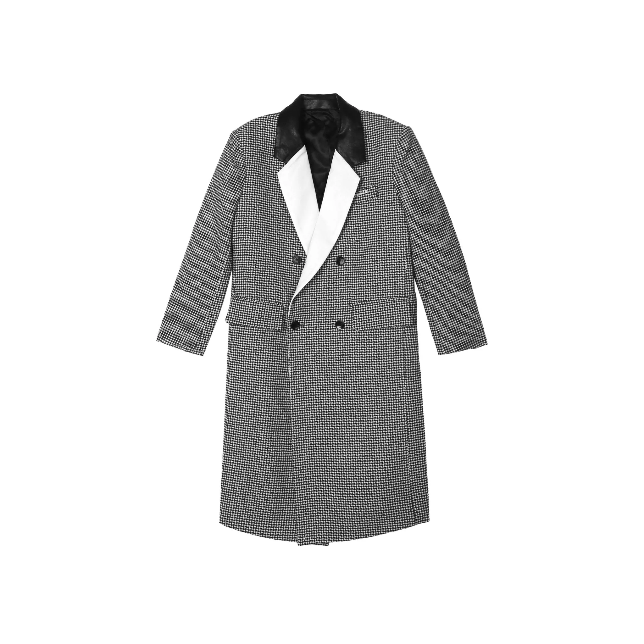 Black Houndstooth Panelled Leather Coat