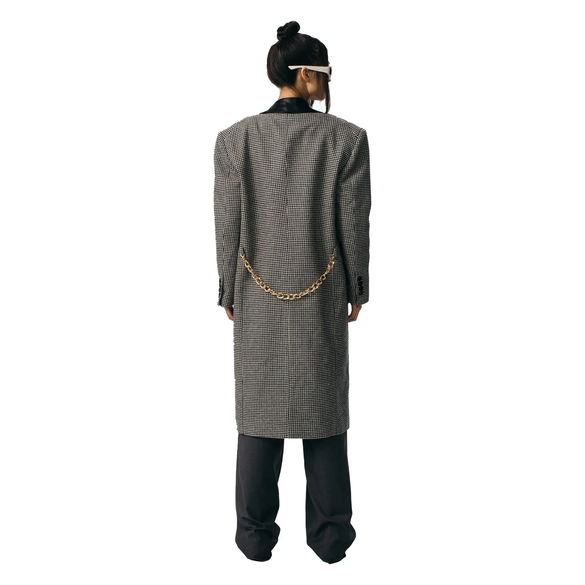 Black Houndstooth Panelled Leather Coat