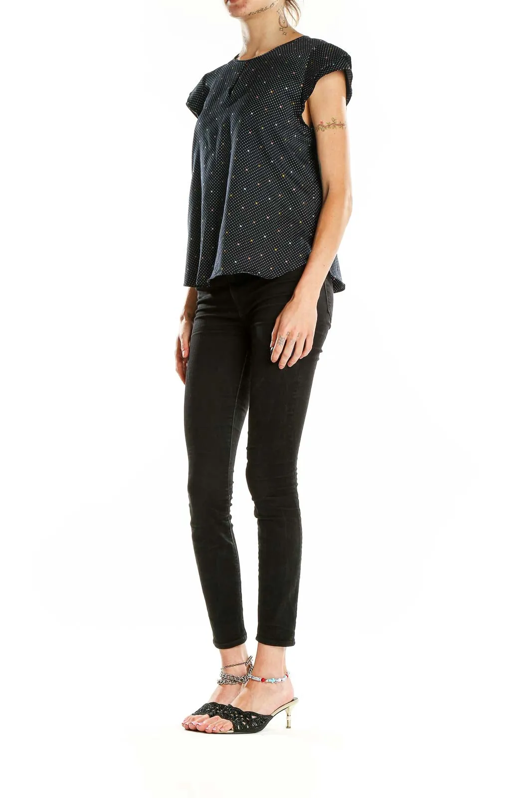 Black Polka Dot Flutter Sleeve Blouse