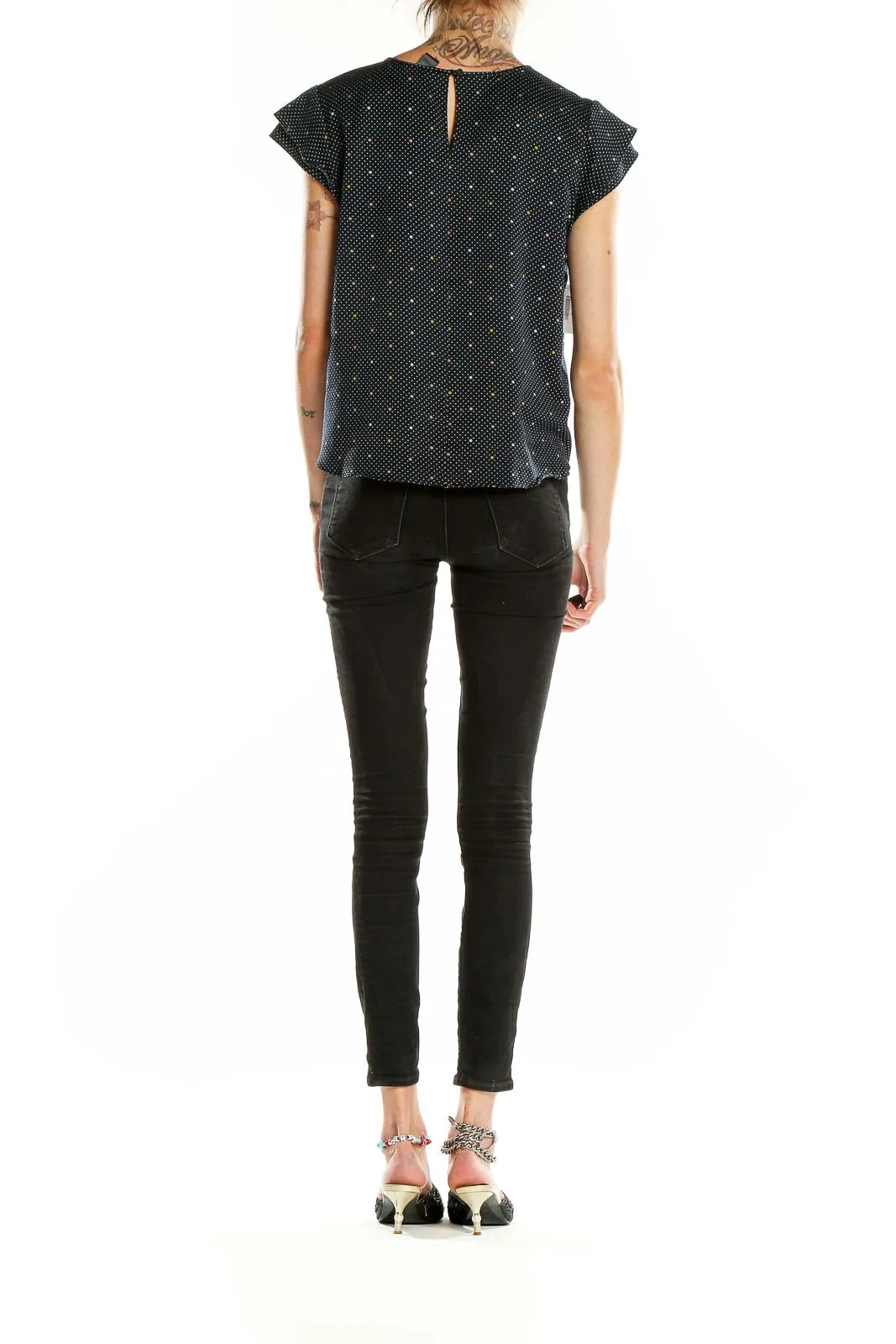 Black Polka Dot Flutter Sleeve Blouse