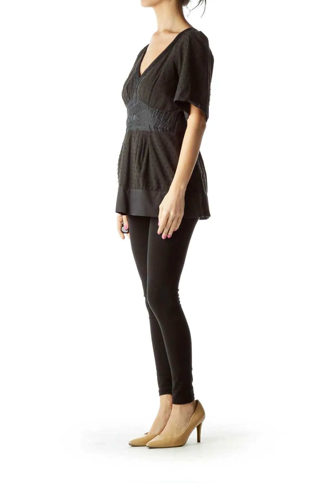 Black V-neck Short Sleeve Polka Dot Blouse