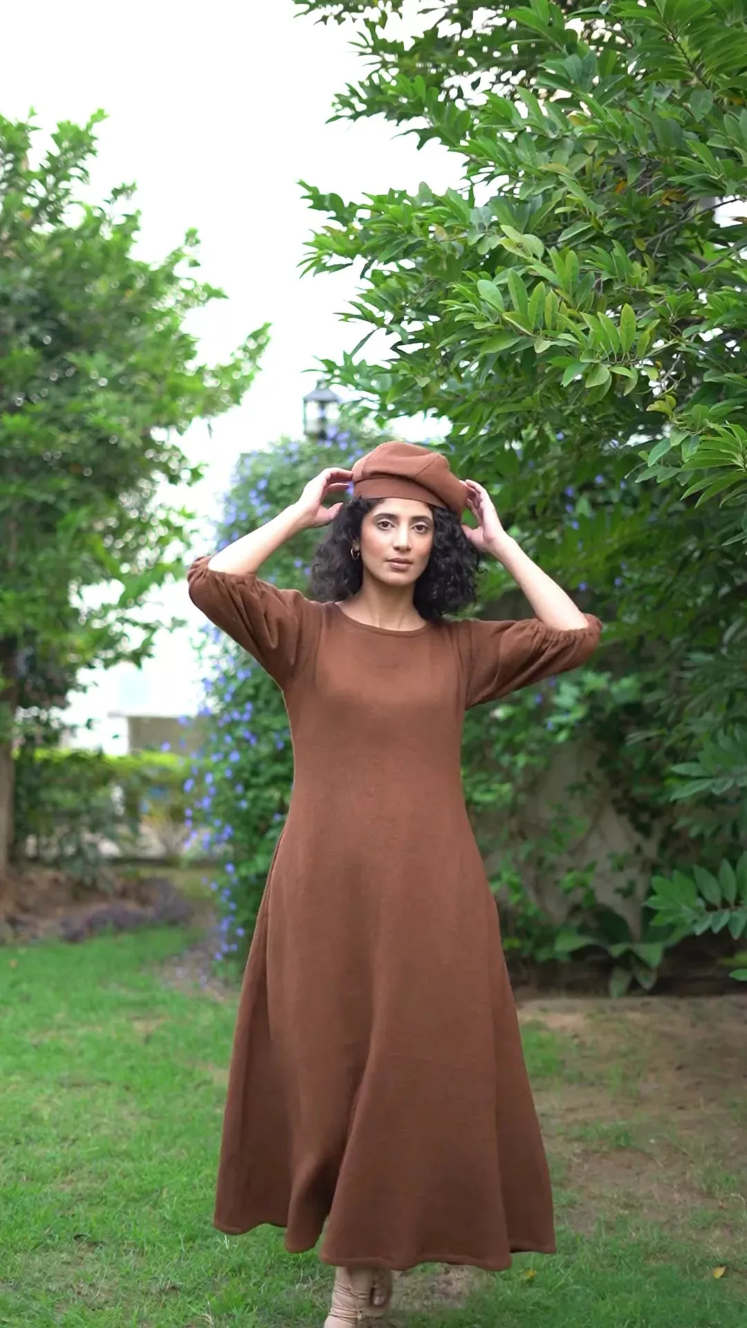 Brown Warm Cotton Waffle Fit and Flare Balloon Sleeves Maxi Dress