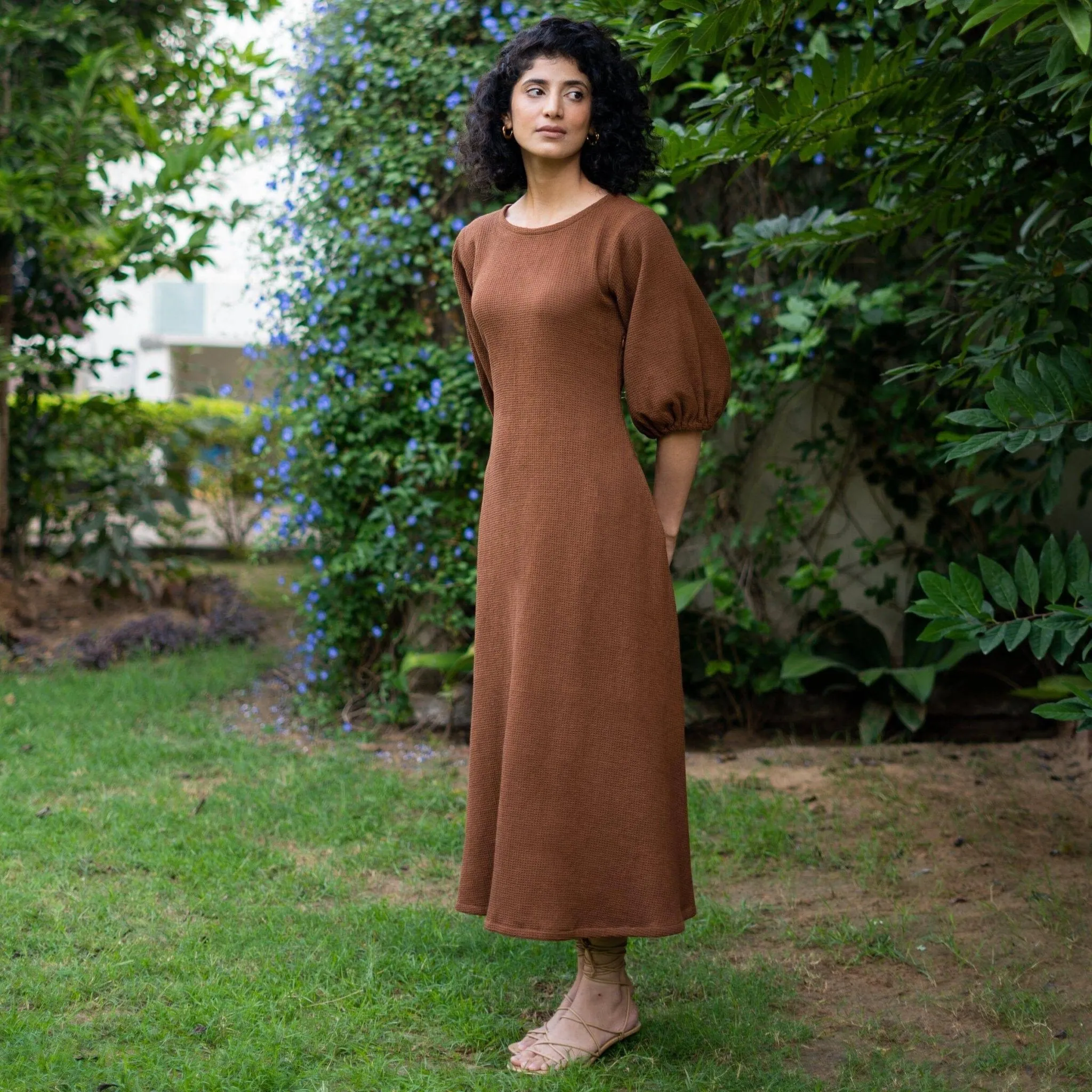 Brown Warm Cotton Waffle Fit and Flare Balloon Sleeves Maxi Dress