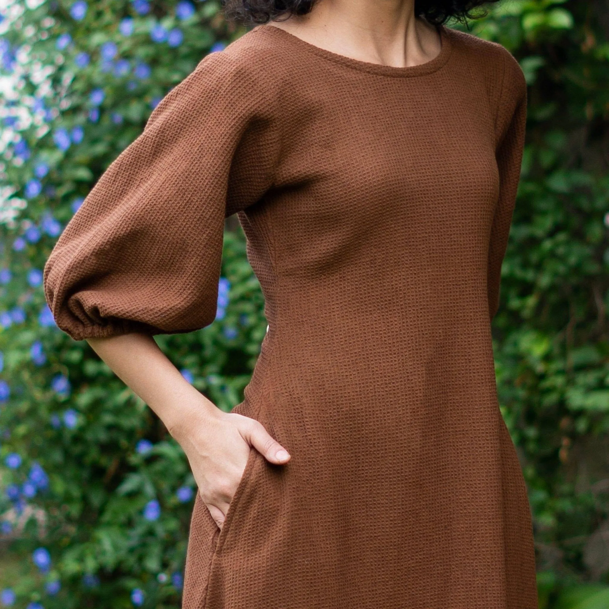 Brown Warm Cotton Waffle Fit and Flare Balloon Sleeves Maxi Dress