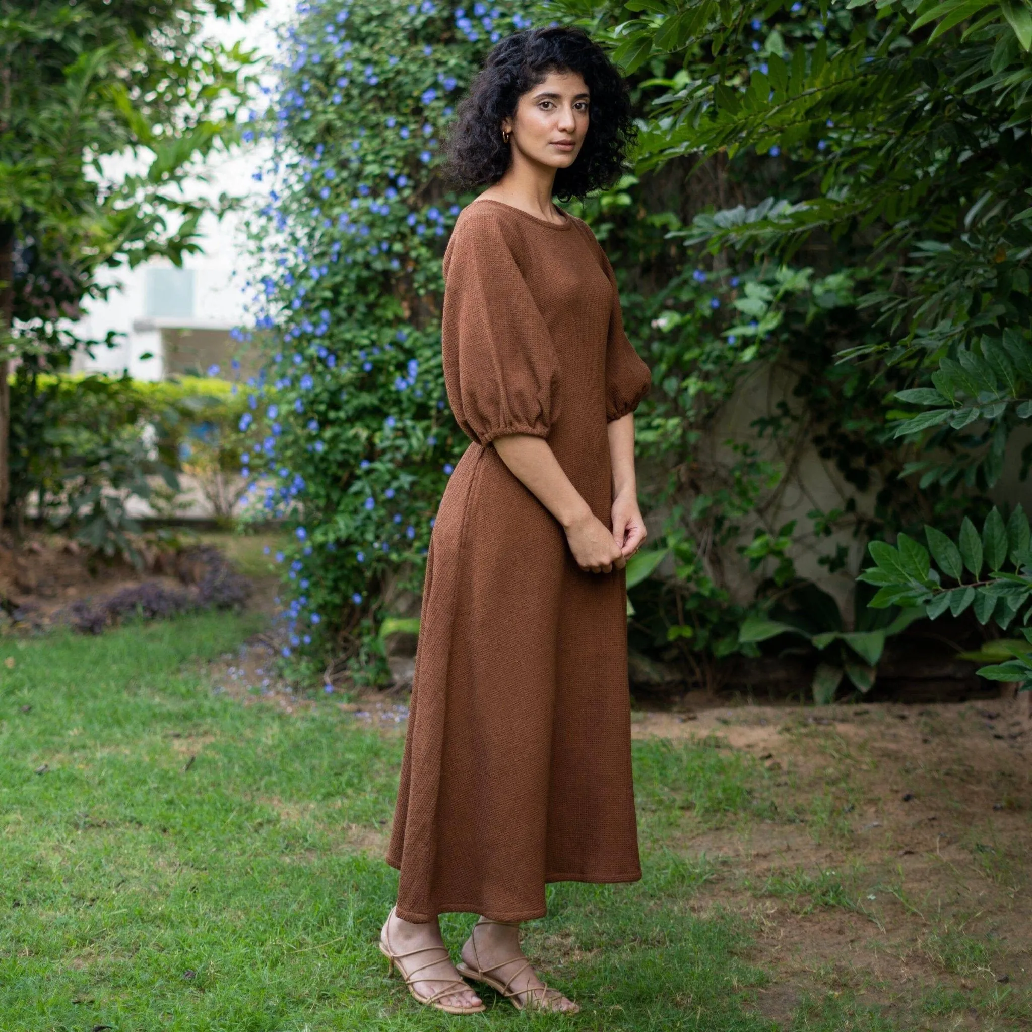 Brown Warm Cotton Waffle Fit and Flare Balloon Sleeves Maxi Dress