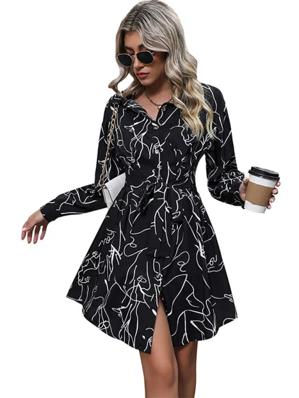 Business Art Print Long Sleeve Button Up Tie Knot Mini Shirt Dress