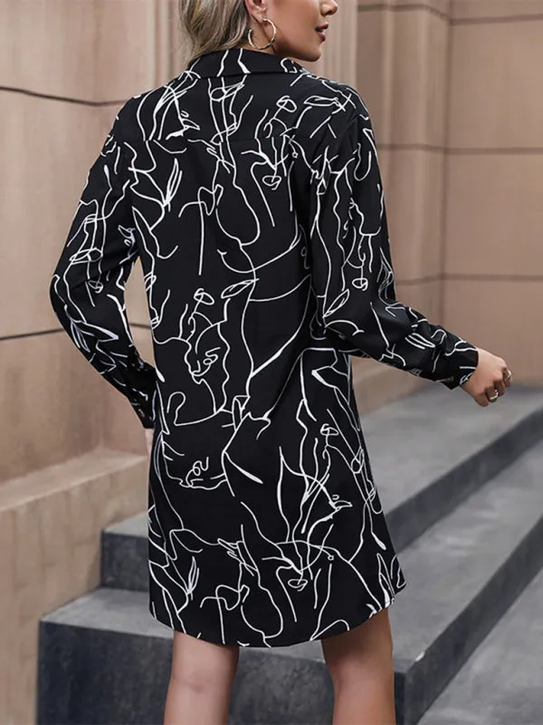 Business Art Print Long Sleeve Button Up Tie Knot Mini Shirt Dress