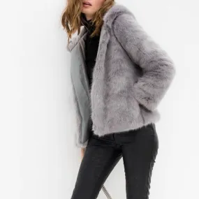 Casual Pure Color Hooded Faux Fur Jacket