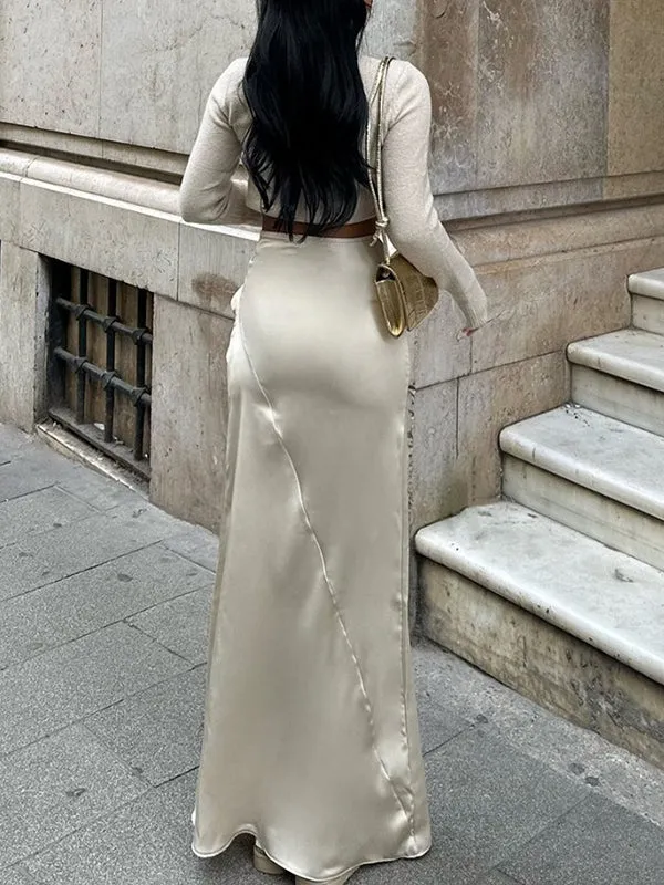 Elasticity Solid Color Split-Joint High Waisted Skirts