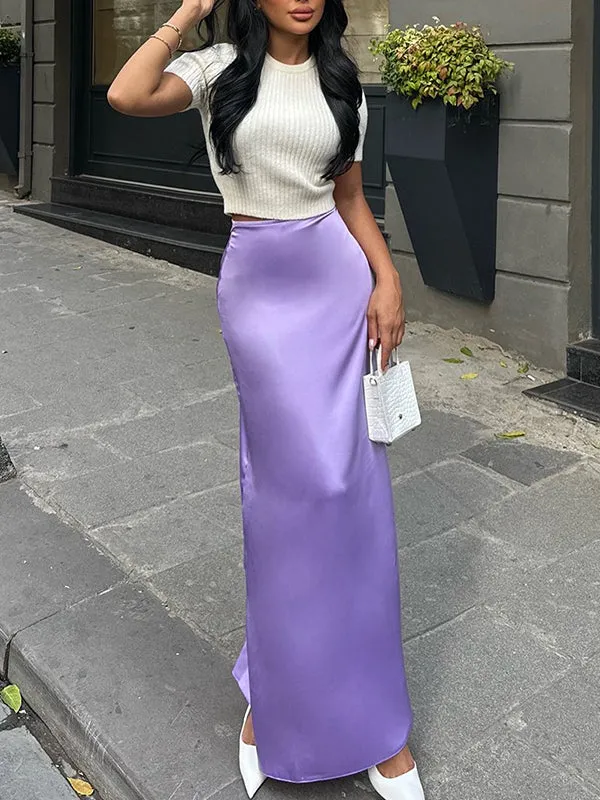 Elasticity Solid Color Split-Joint High Waisted Skirts