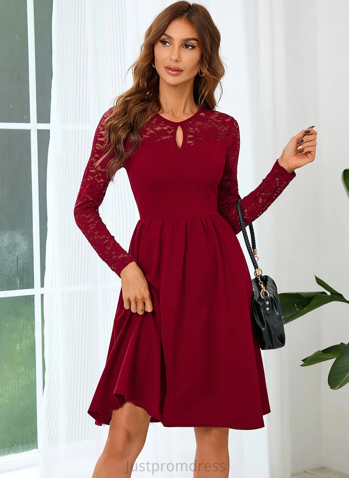 Elegant A-line Neck Blends Dresses Club Dresses Cotton Mini Aleena Sleeves Lace Long Round