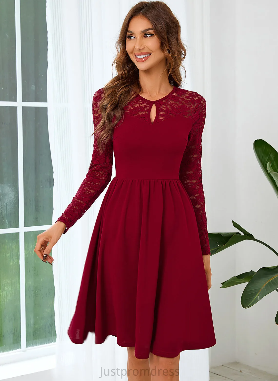 Elegant A-line Neck Blends Dresses Club Dresses Cotton Mini Aleena Sleeves Lace Long Round