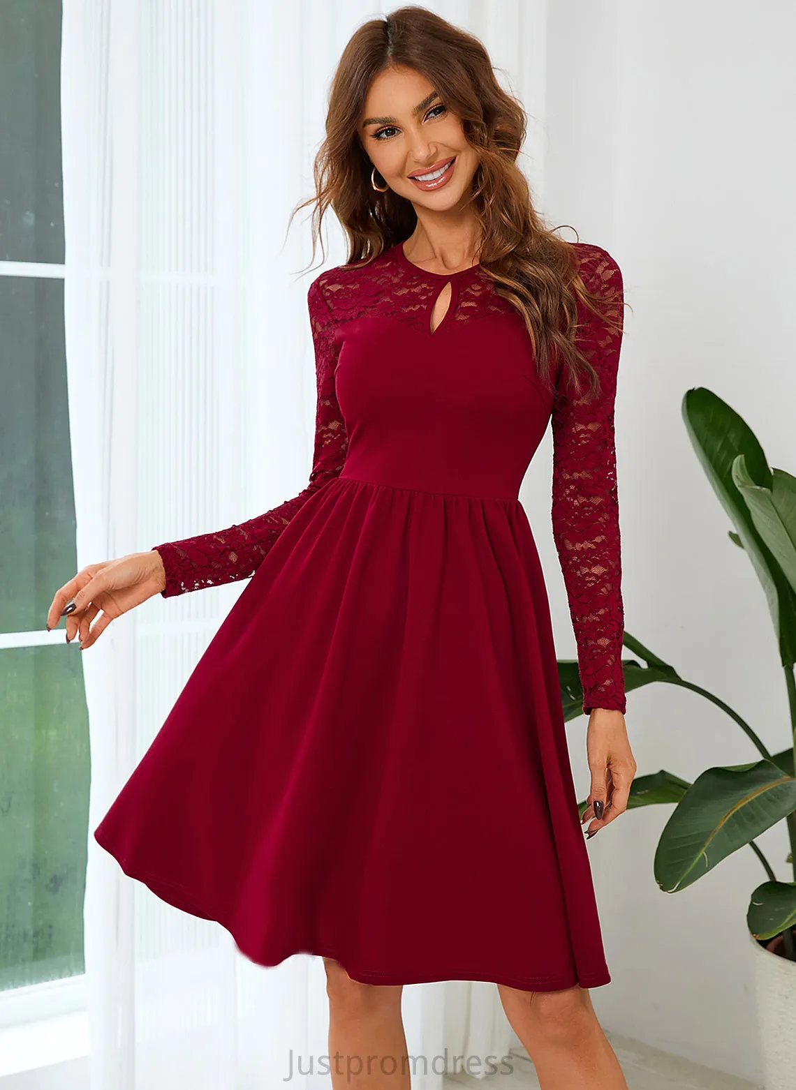 Elegant A-line Neck Blends Dresses Club Dresses Cotton Mini Aleena Sleeves Lace Long Round