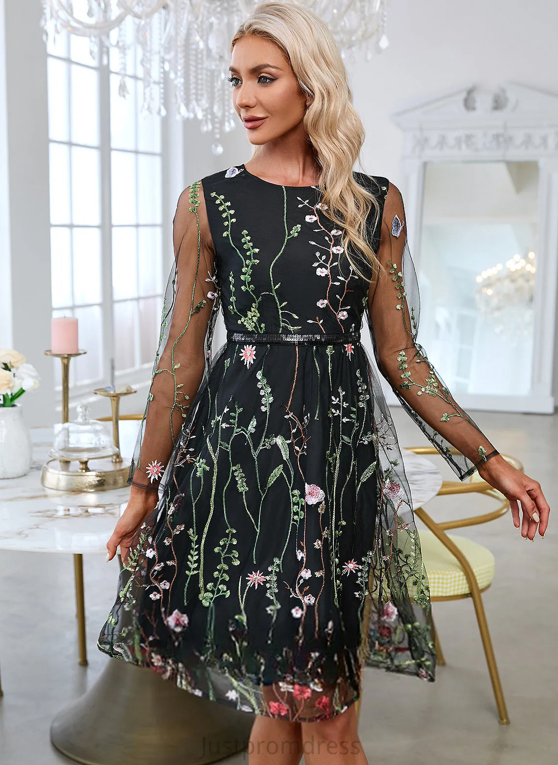 Elegant Long Dresses Kiersten Neck Mini A-line Sleeves Tulle Round Club Dresses