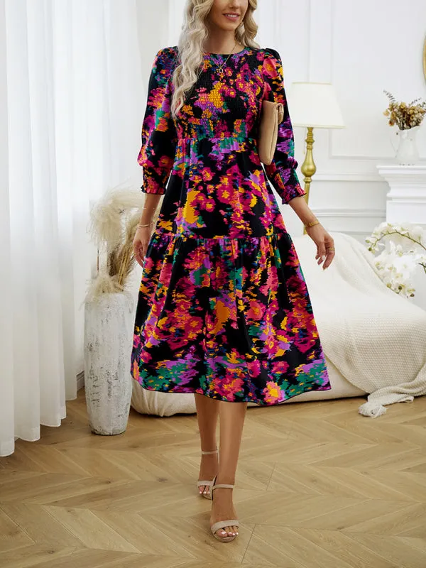 Floral A-Line Smocked Bodice Midi Dress with Flowing Tiered Skirt