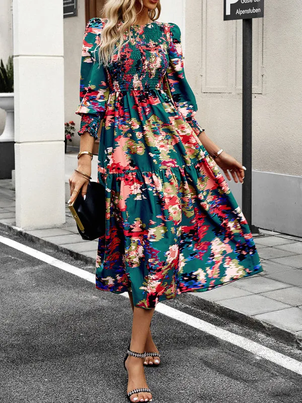 Floral A-Line Smocked Bodice Midi Dress with Flowing Tiered Skirt