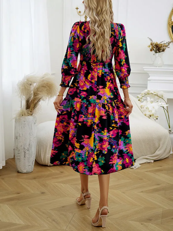 Floral A-Line Smocked Bodice Midi Dress with Flowing Tiered Skirt