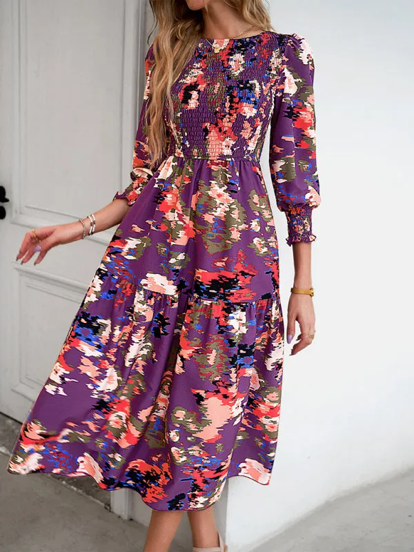 Floral A-Line Smocked Bodice Midi Dress with Flowing Tiered Skirt