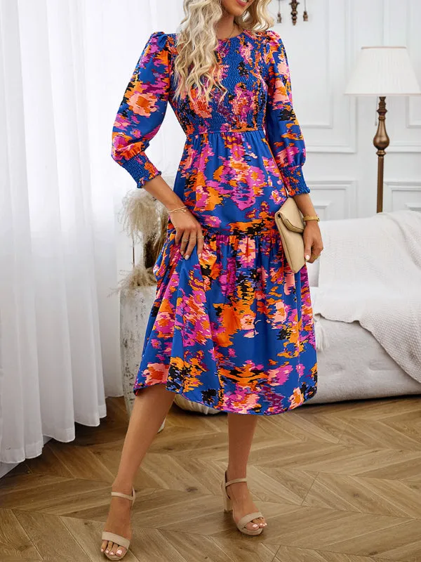 Floral A-Line Smocked Bodice Midi Dress with Flowing Tiered Skirt