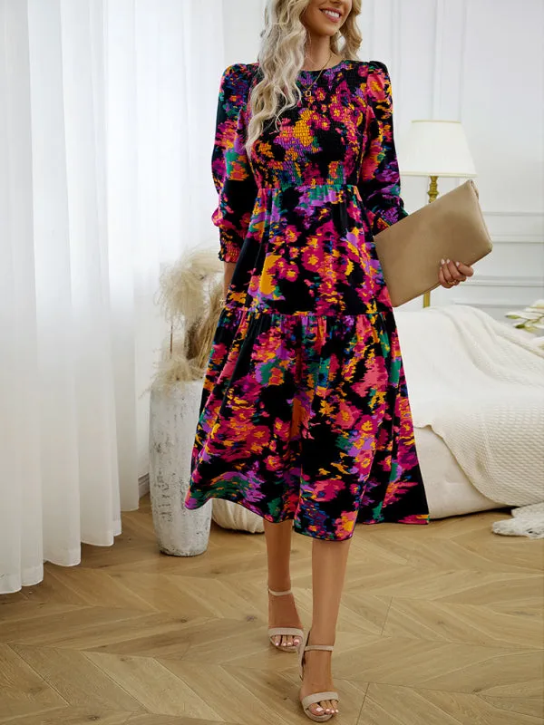 Floral A-Line Smocked Bodice Midi Dress with Flowing Tiered Skirt