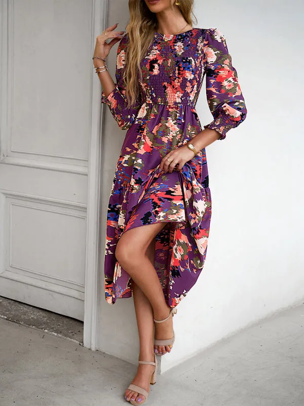 Floral A-Line Smocked Bodice Midi Dress with Flowing Tiered Skirt