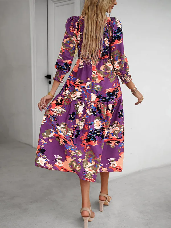 Floral A-Line Smocked Bodice Midi Dress with Flowing Tiered Skirt
