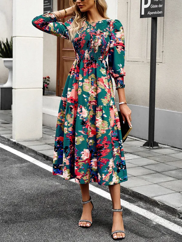 Floral A-Line Smocked Bodice Midi Dress with Flowing Tiered Skirt