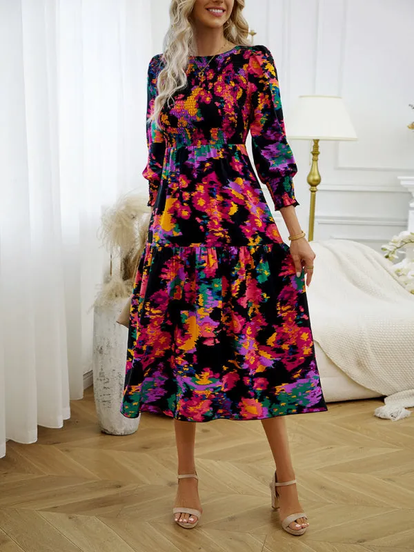 Floral A-Line Smocked Bodice Midi Dress with Flowing Tiered Skirt