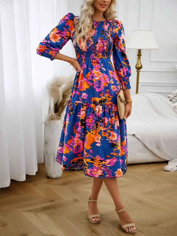 Floral A-Line Smocked Bodice Midi Dress with Flowing Tiered Skirt
