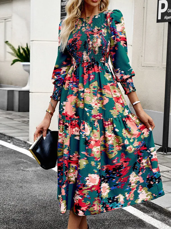 Floral A-Line Smocked Bodice Midi Dress with Flowing Tiered Skirt