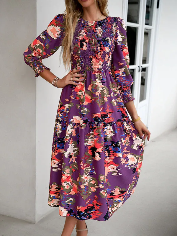 Floral A-Line Smocked Bodice Midi Dress with Flowing Tiered Skirt