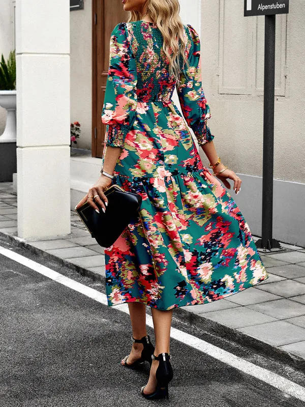 Floral A-Line Smocked Bodice Midi Dress with Flowing Tiered Skirt