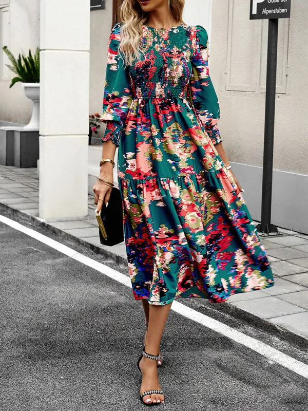 Floral A-Line Smocked Bodice Midi Dress with Flowing Tiered Skirt