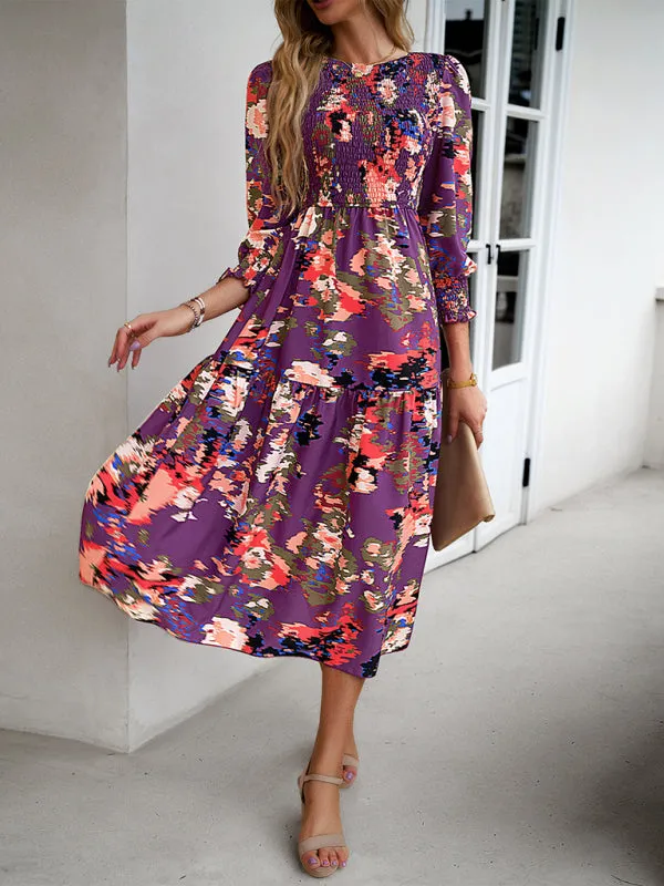 Floral A-Line Smocked Bodice Midi Dress with Flowing Tiered Skirt