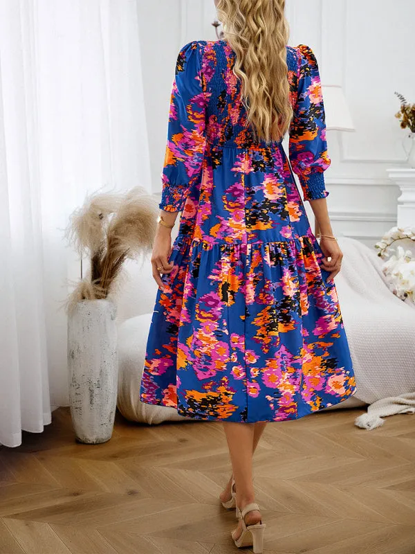 Floral A-Line Smocked Bodice Midi Dress with Flowing Tiered Skirt