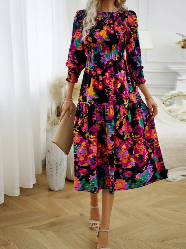 Floral A-Line Smocked Bodice Midi Dress with Flowing Tiered Skirt