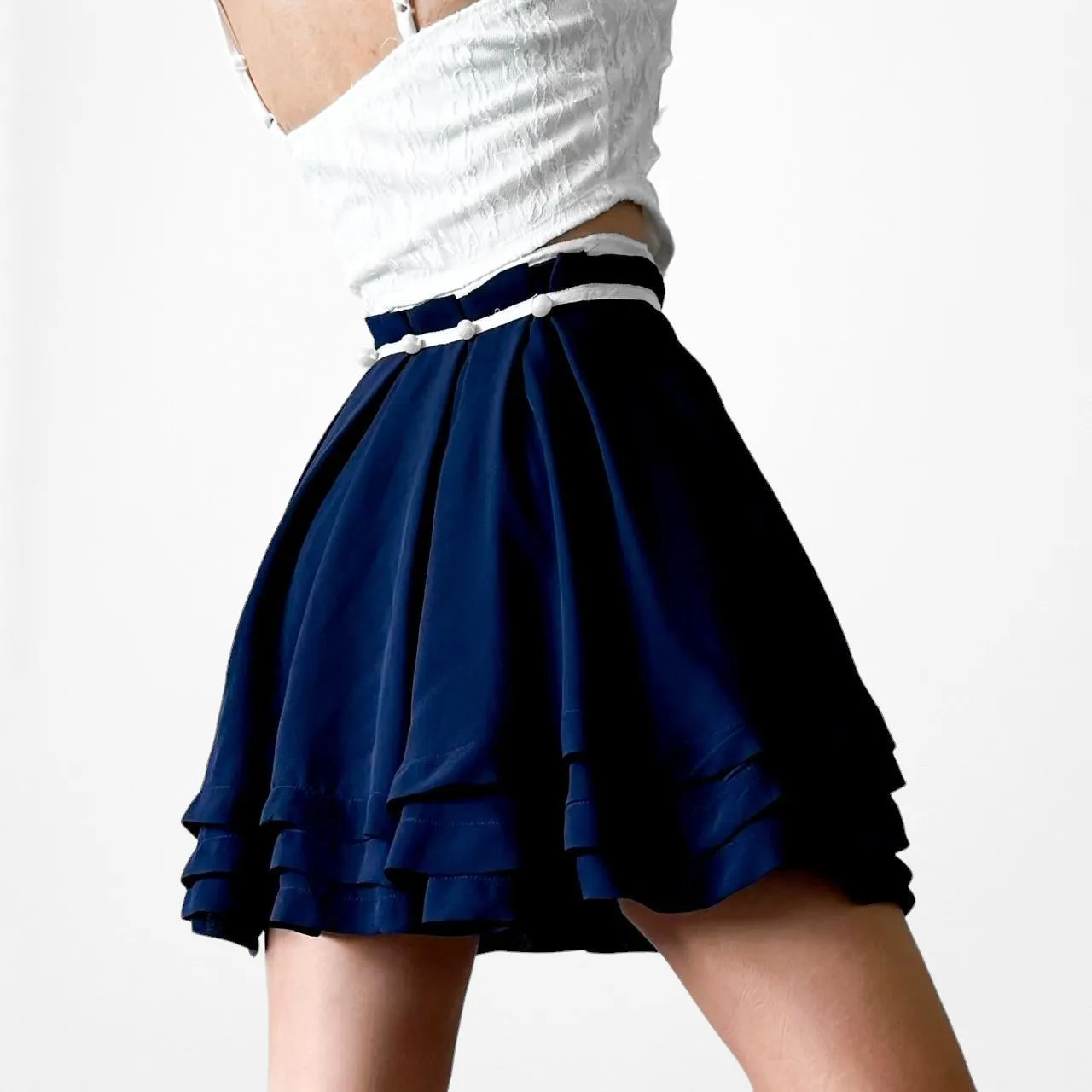 Forever 21 Navy Blue High Waisted Beaded Pleated Skater Flared Mini Skirt Size S
