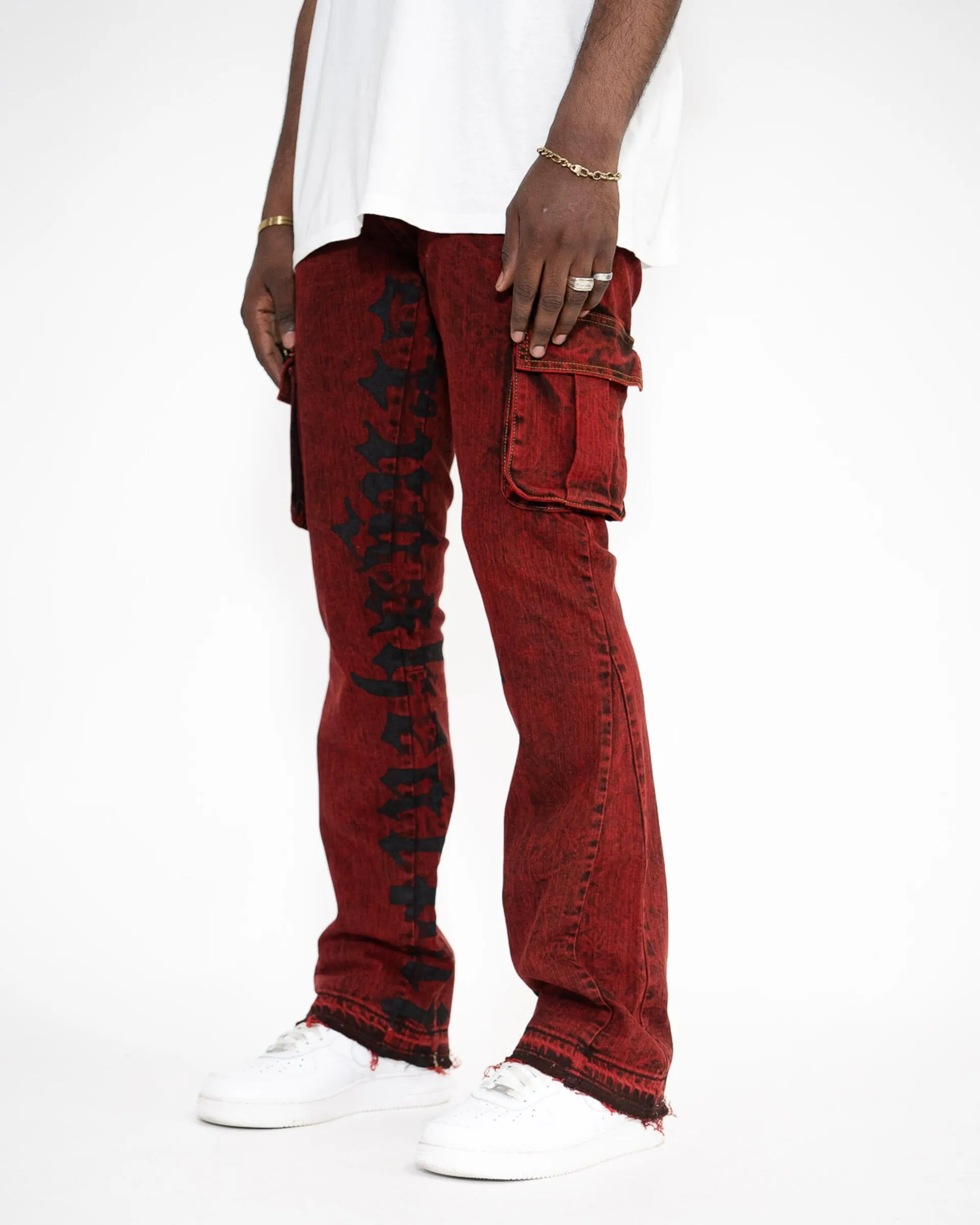 Golden Denim The Flare Cargo Rojo Jeans in Burgundy
