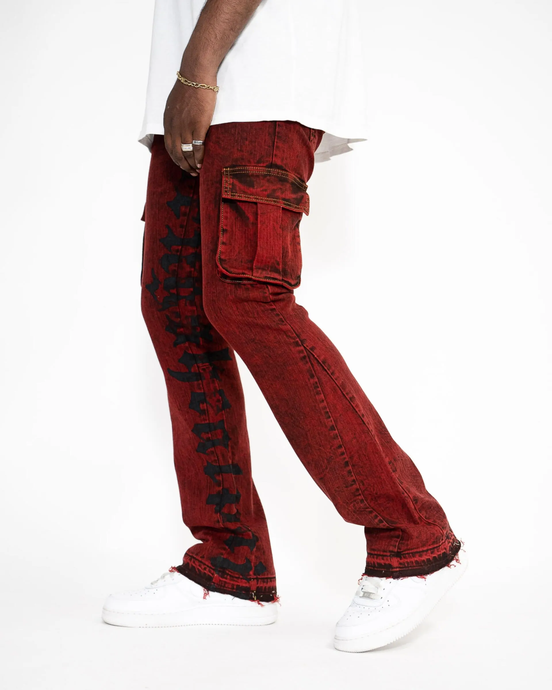 Golden Denim The Flare Cargo Rojo Jeans in Burgundy