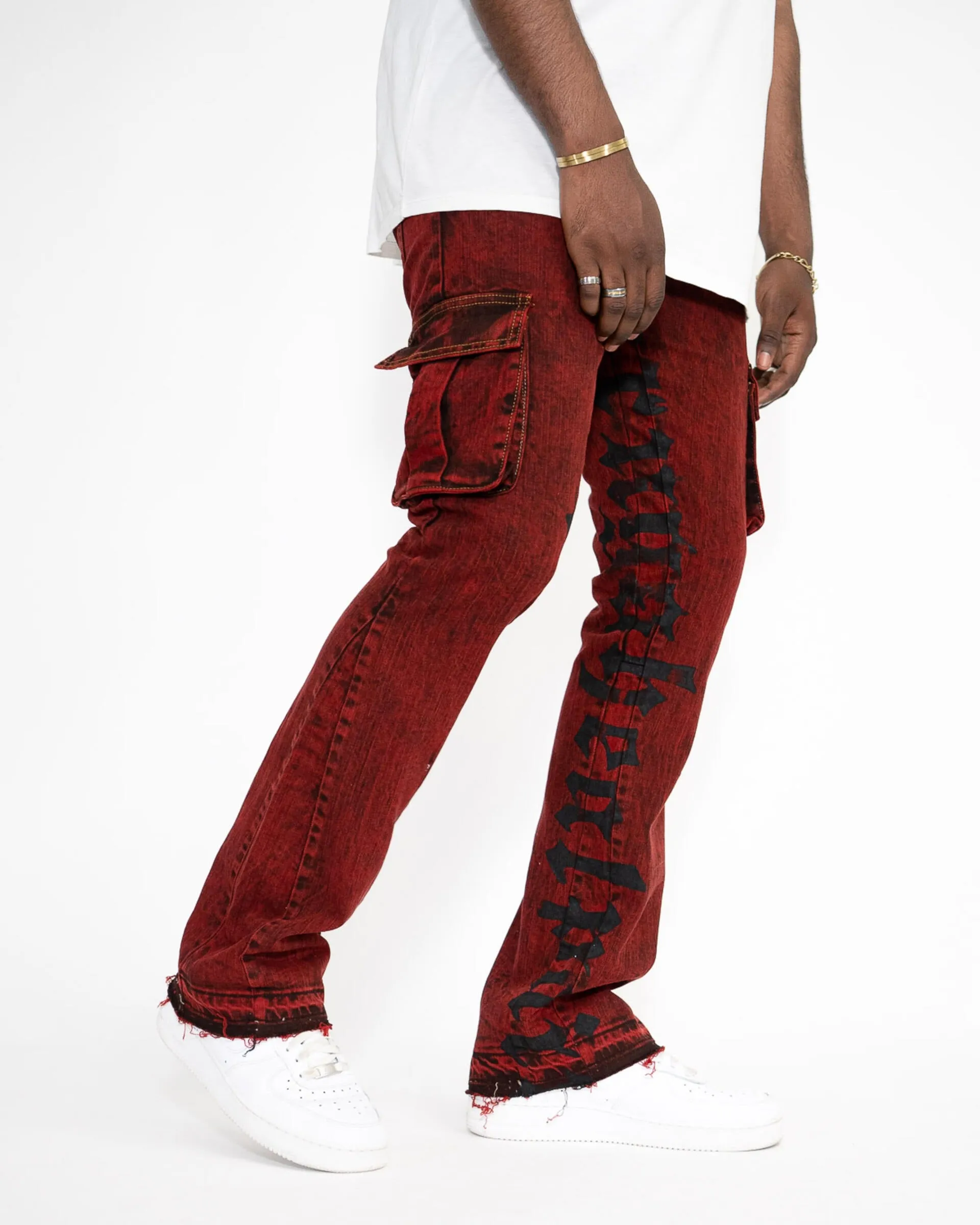Golden Denim The Flare Cargo Rojo Jeans in Burgundy