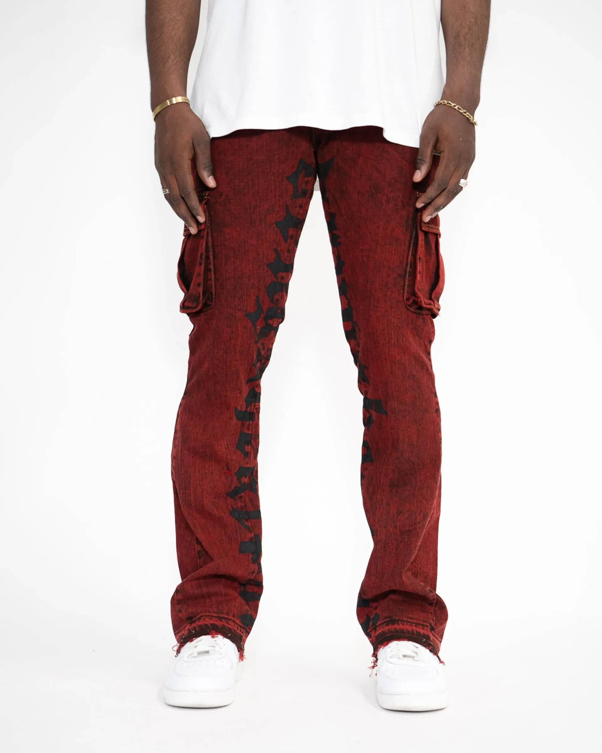 Golden Denim The Flare Cargo Rojo Jeans in Burgundy
