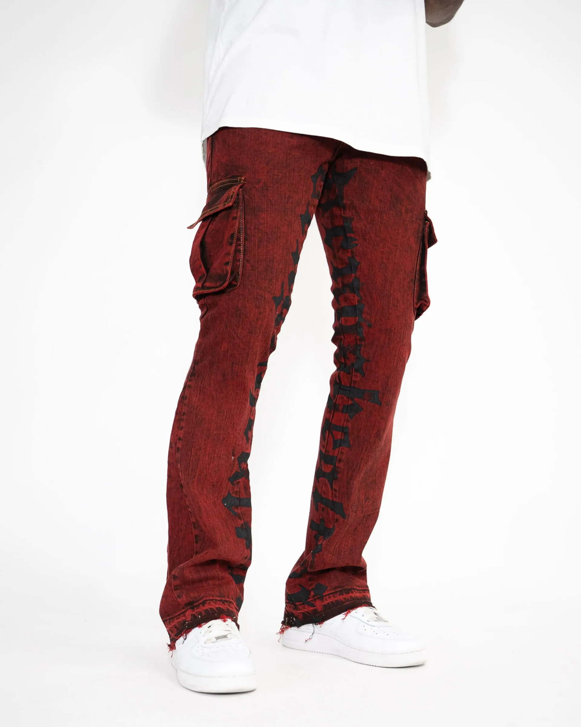 Golden Denim The Flare Cargo Rojo Jeans in Burgundy
