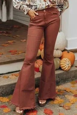 High Waist Rust Color Raw Hem Flare Jeans