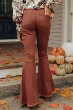 High Waist Rust Color Raw Hem Flare Jeans